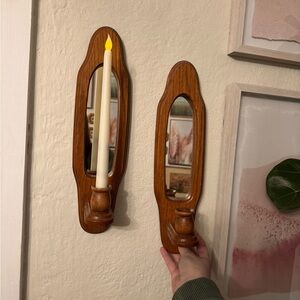Vintage set of 2 wooden mirror wall candle sconces